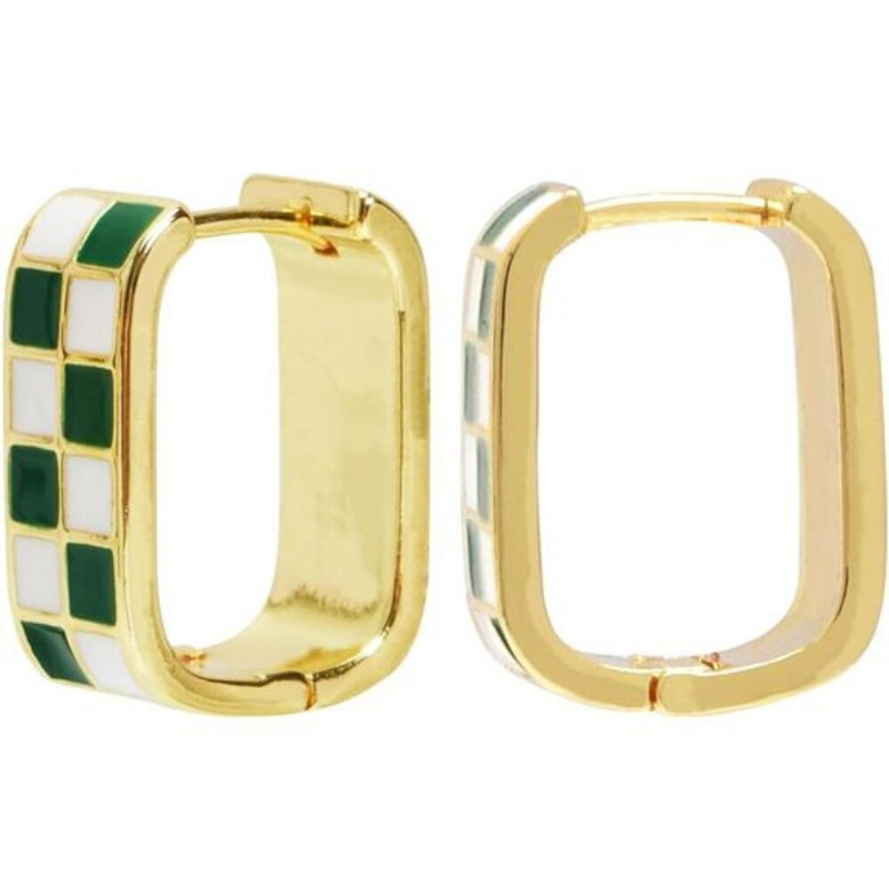 Gold Filled Checkered Hoop Earrings Black White Enamel Oval Chunky Small Hoops